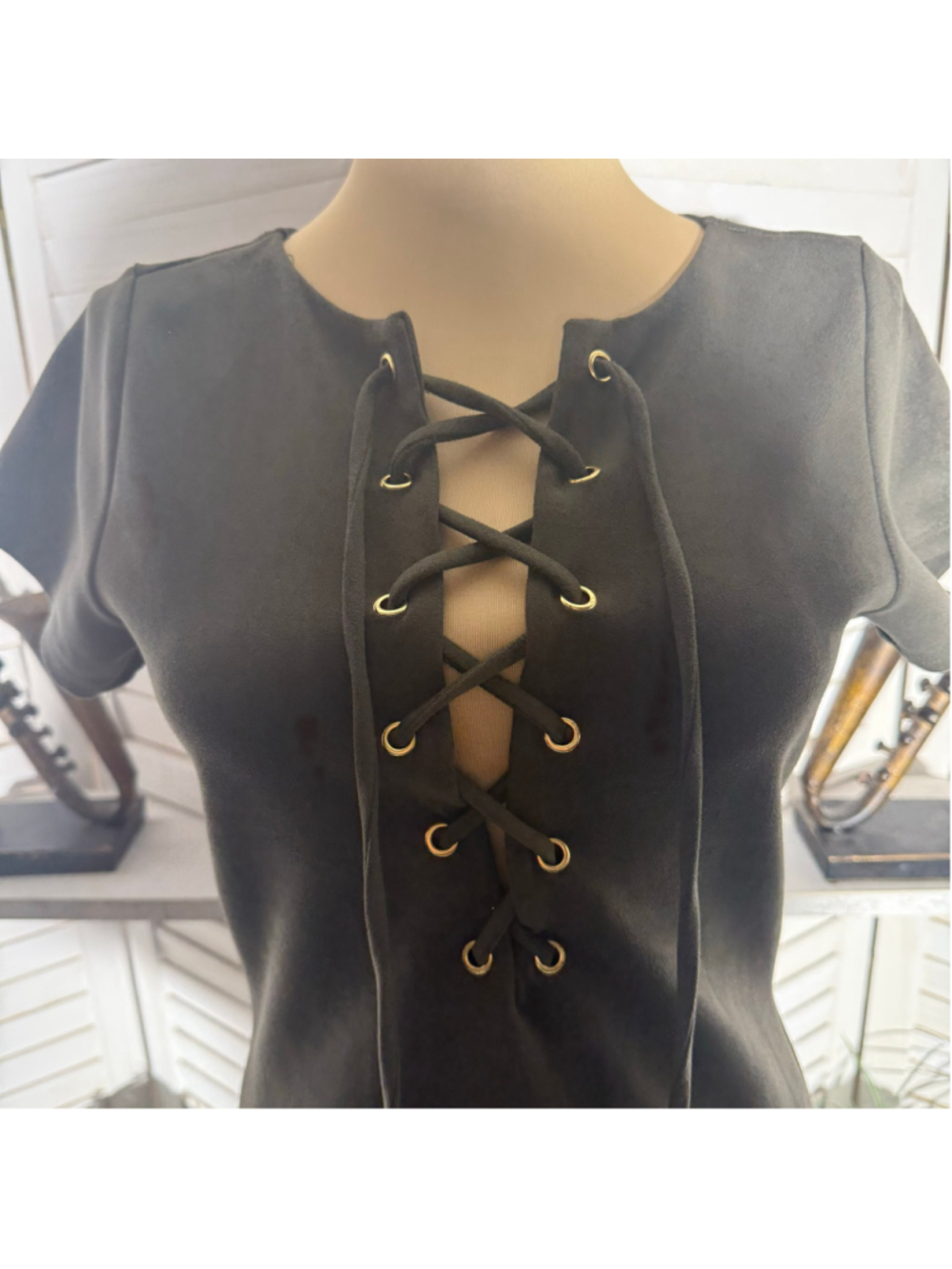 Vintage 90s Y2k dress faux suede green cage neck pixie fairy tinkerbell Ren Fair - Picture 5 of 10